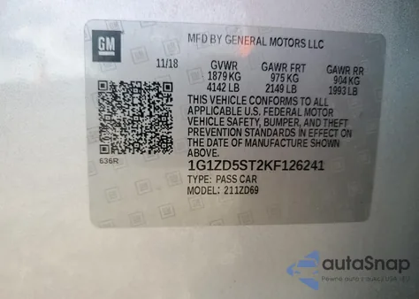 2019 Chevrolet Malibu Lt из США, поврежденный, VIN 1G1ZD5ST2KF126241